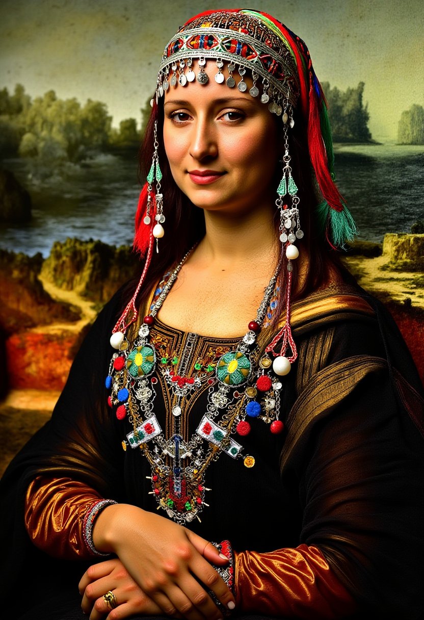 The Mona Lisa is now depicted wearing a traditional Moroccan kaftan with intricate embroidery and a colorful (Tasfift). ,Adrr-tsfft