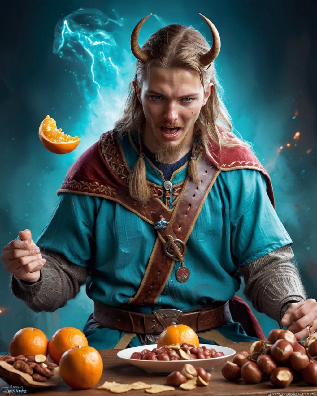 Dark hue, anaglyph filter, Grim, Cathode tube, Magic the gathering, Hipster (Atai:1.2), he is very Kindhearted, he is eating Tangerine, Viking Warrior, he has Chestnut hairstyle, Light sparkles, Satisfying, complementary colors, dripping Teal, Joyful, cinematic, Amaro, Sots Art, argazxl, traditional dress