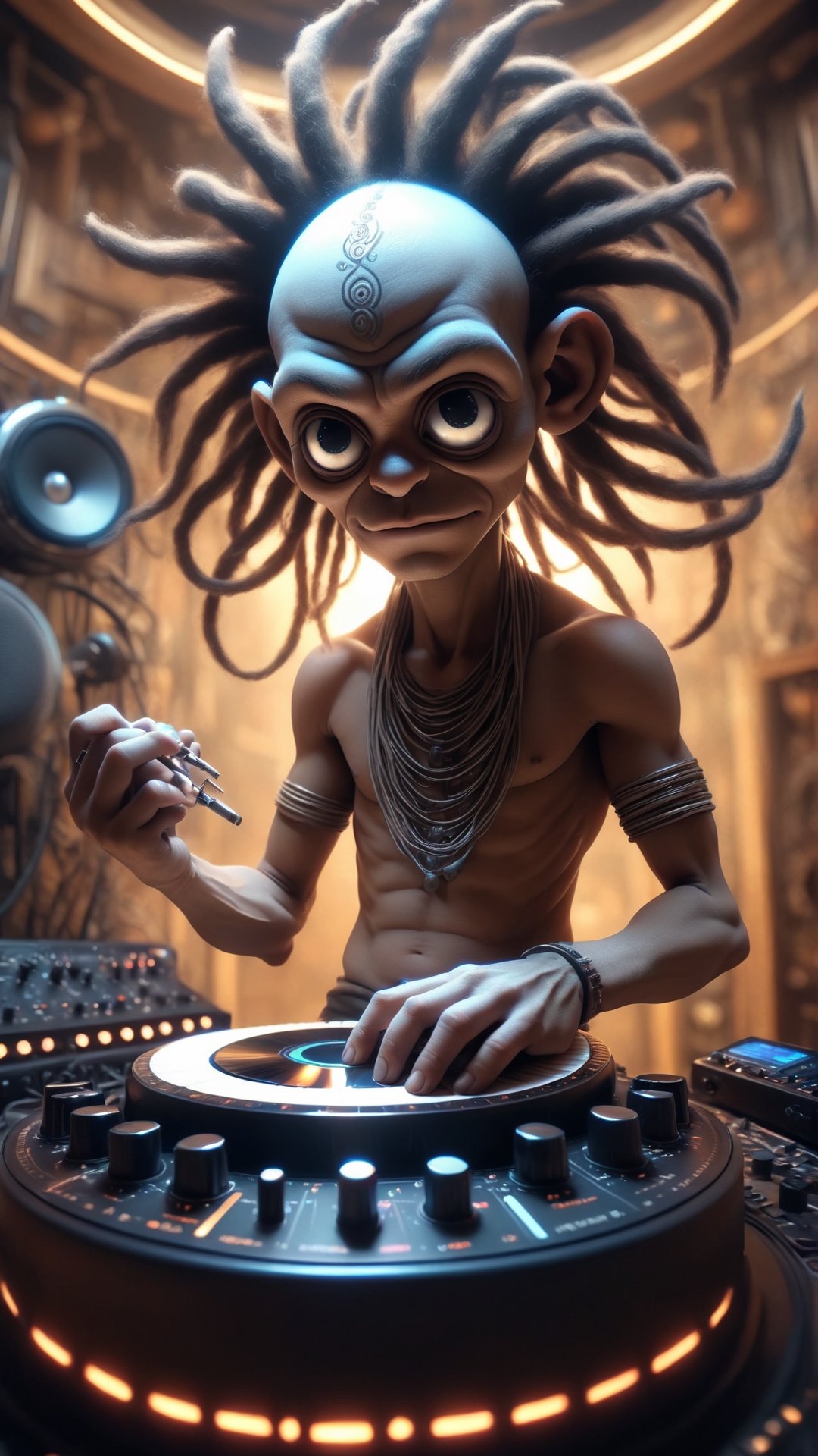 Psychedelic, a fisheye lens photo of a post apocalyptic tribal sadhu tweaking and playing synthesizers in the most complicated and technical spiral fractal musical studio, powerful, cinematic, beautifully lit, by donato giancola, by artgerm, by karol bak, 3 d, perfect face and body, trending on artstation, octane render, 8 k,zhibi