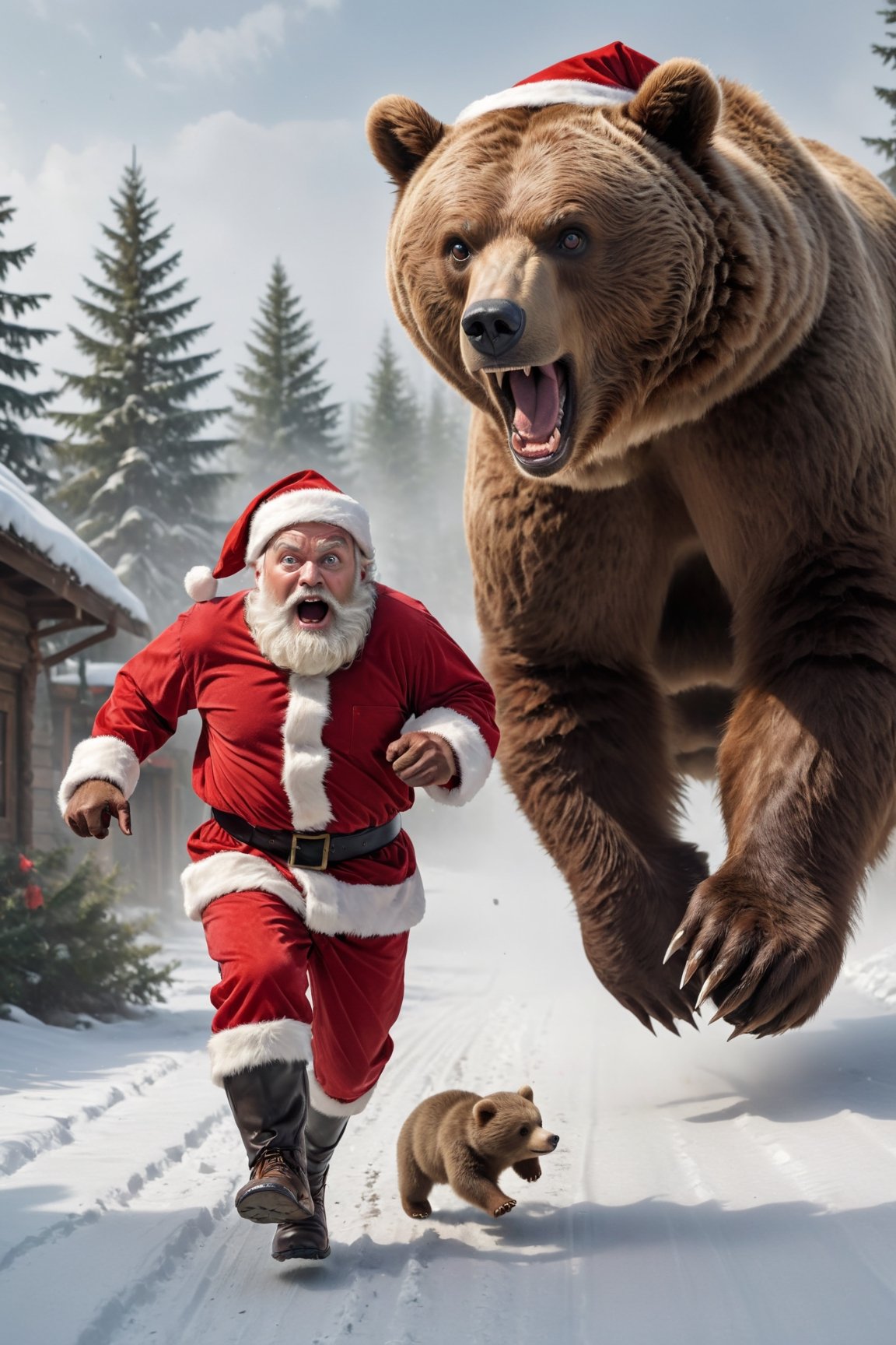 Santa running away from a brown bear,  scared face
, HDR, highly detailed, 32k,