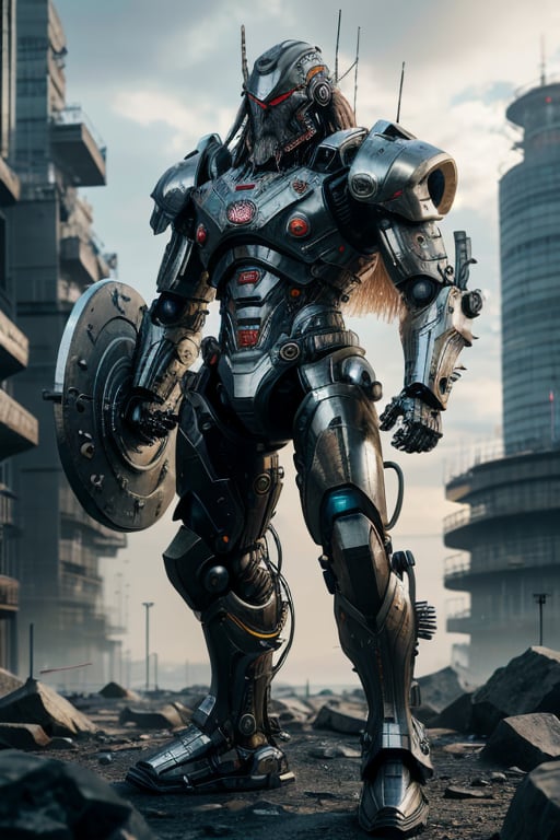 Best quality, High quality, high Resolution, 4k Resolution, masterpiece, 1 robot man, vikings style beard, super Hero with high tech metallic armor, cyberpunk armor, realistic, photography, full body short