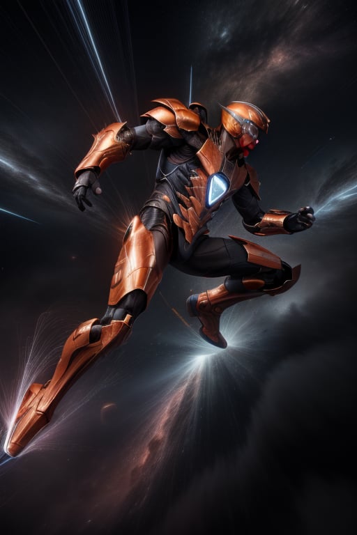 Master piece, 4k resolution, best quality, High quality, ultra realism, ultra realistic, ultra realistic metallica texture, UHD, photo realistic, masterpiece, God (male) of velocity, Orange armor High tech, flashes in the background, ambient light, side view