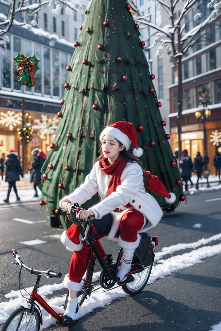 beauty girl riding a bike on a winter street. She is bundled up in warm winter attire, possibly wearing a Santa Costume with a white coat, red scarf, and red gloves and santa hat. The winter setting is characterized by the chilly air and perhaps falling snowflakes. The scene captures the energy of a beauty girl commuting on a bicycle during the brisk winter months, combining the elements of daily life, seasonal attire, and transportation,The city center is lined with high-rise buildings crowded with people, ((There is a huge Christmas tree on the street:1.4)), heavy snow,SGBB