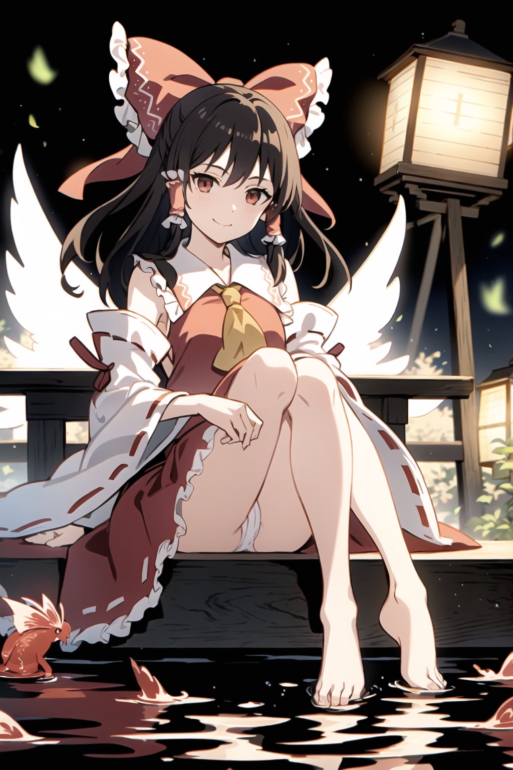 masterpiece, best quality, , hakurei reimu, fish, 1girl, detached sleeves, bow, solo, hair bow, barefoot, sitting, hair tubes, goldfish, red bow, red eyes, black hair, brown hair, torii, brown eyes, skirt, long hair, koi, bell, skirt set, looking at viewer, kirisame marisa, bare legs, wide sleeves, ascot, short hair, ribbon, water, bare shoulders, japanese clothes, red skirt, full body, bird, stone lantern, smile, wings, lantern, hair ribbon, long sleeves, miko, gohei, skirt lift,windlift, panties, white panties, panty_shot, KNEES, knees together