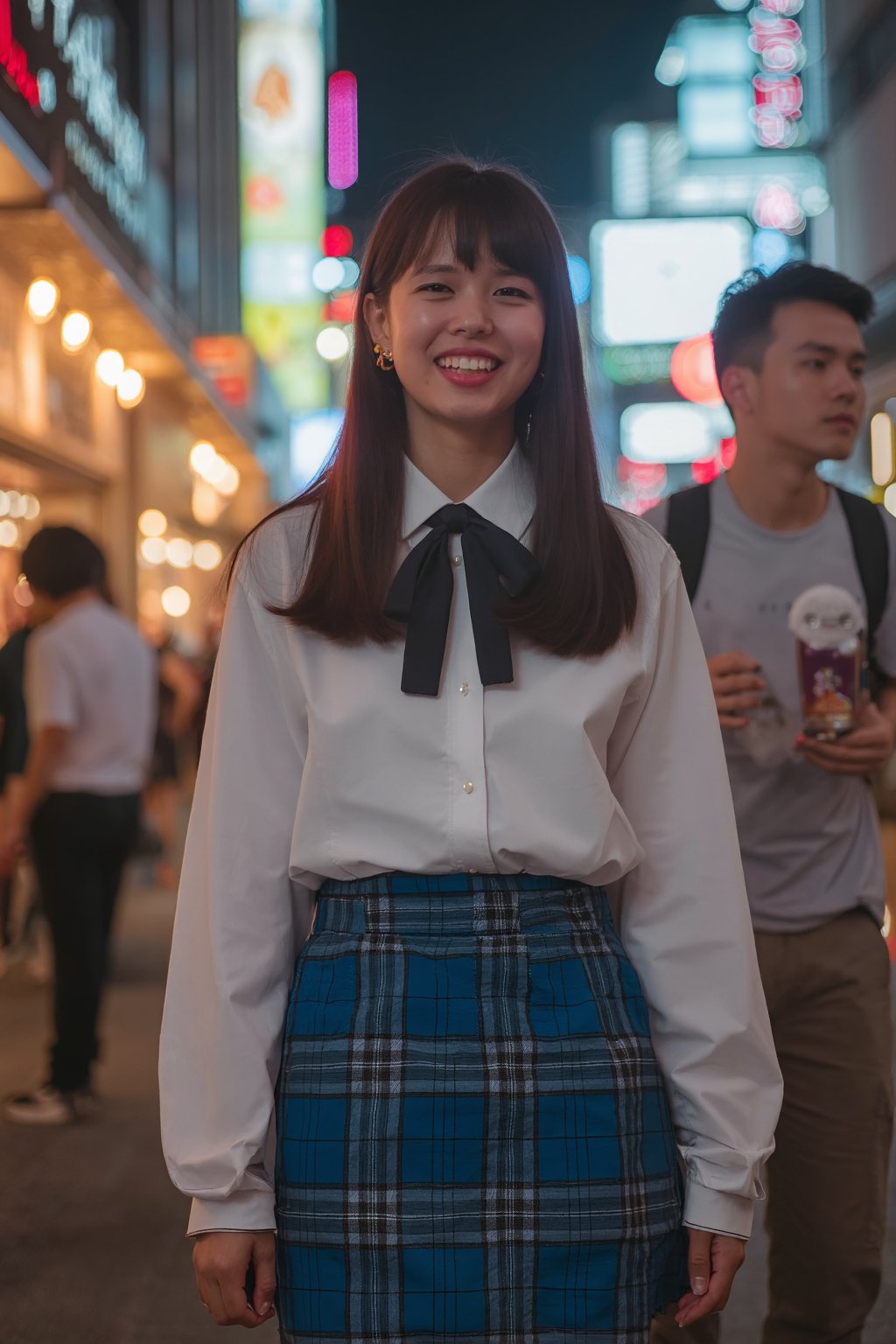 A cute Japanese girl streamer with a blue plaid treaded skirt and a white long sleeve shirt with a black tie, the girl is on a very happy and content night in Tokyo, she has long brown hair,Cinematic_Enhancer_Style