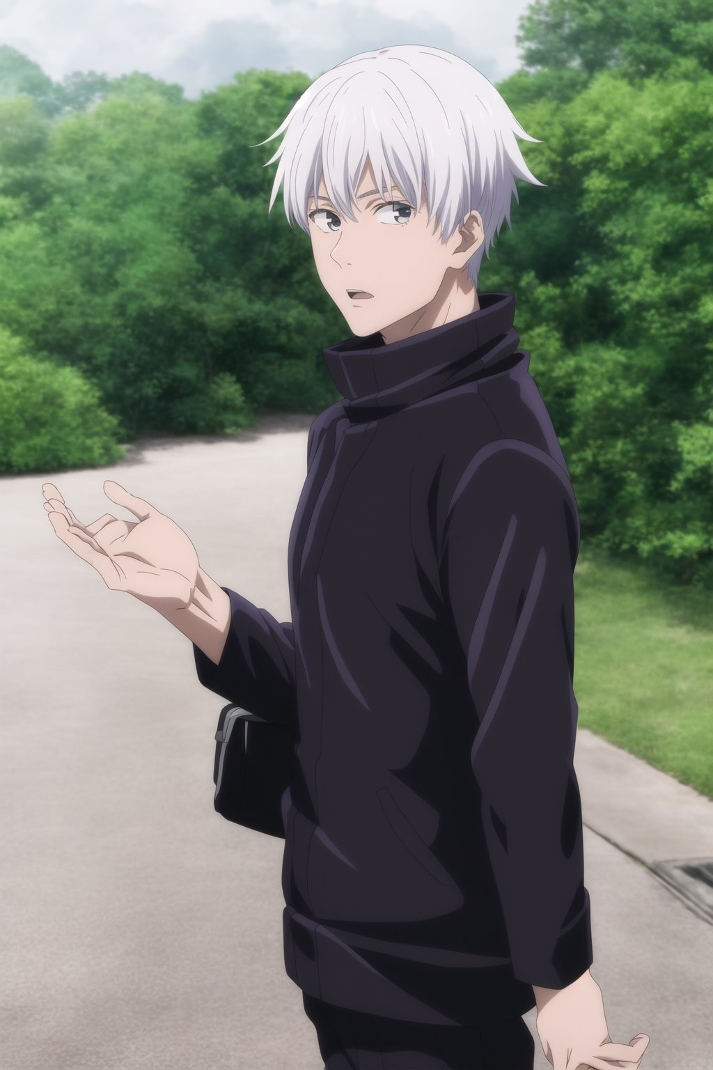 masterpiece,highres,high quality,extremely detailed,solo,outdoors, looking at viewer, SatoruGojo,1man, black jacket,popped collar,gojo satoru, white hair