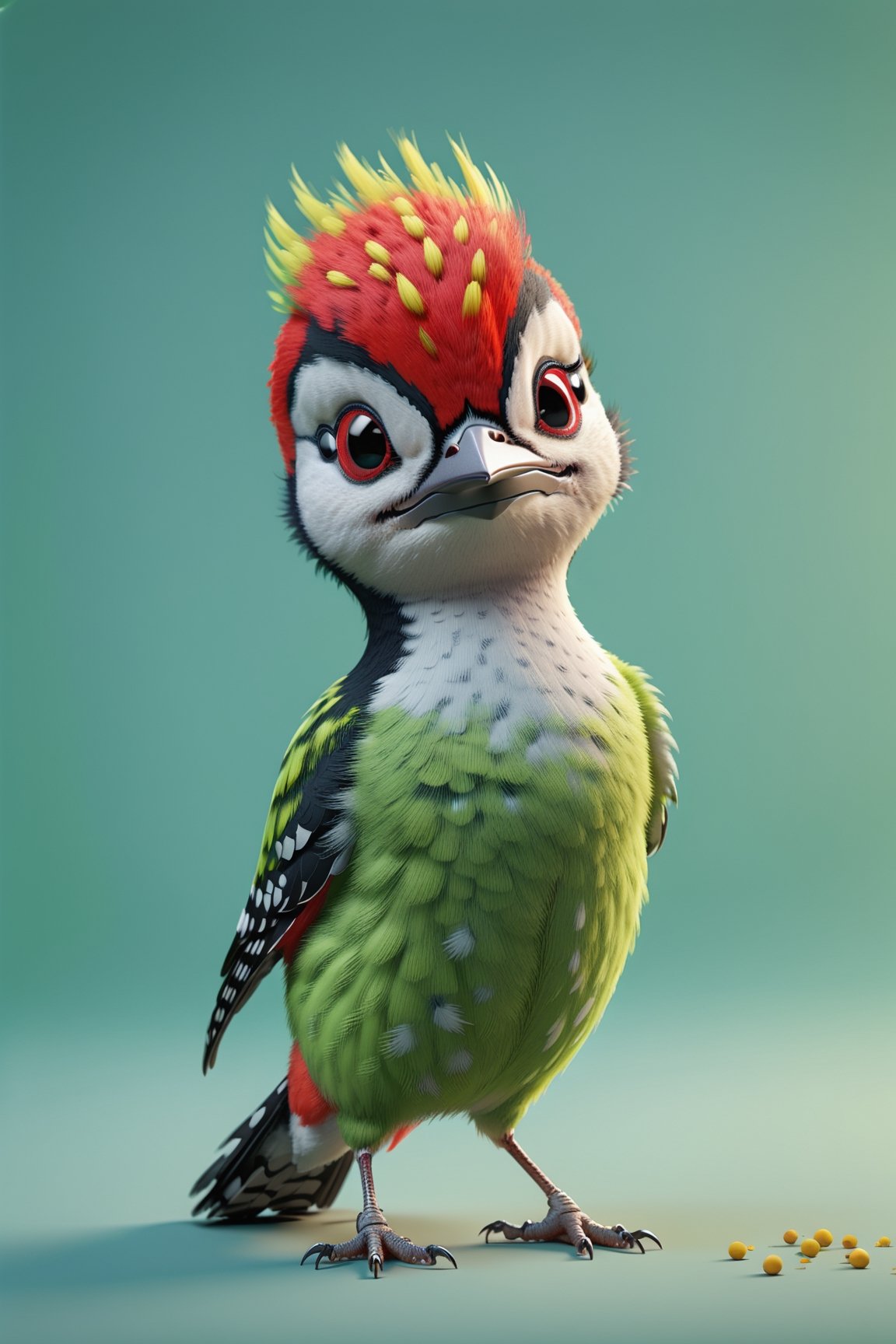 Woodpecker walking, both arms up to the shoulder level,cheerful, 3d, C4D, mixer, Octane rendering, (full Croma green background), Masterpieces in pastel colors, Soft material, Best Quality, super detaill, High Quality, 4k, (3d, cute, chibi style), ((perfect high detailed image)), full Croma green background, no ingredients in background only Croma green colour