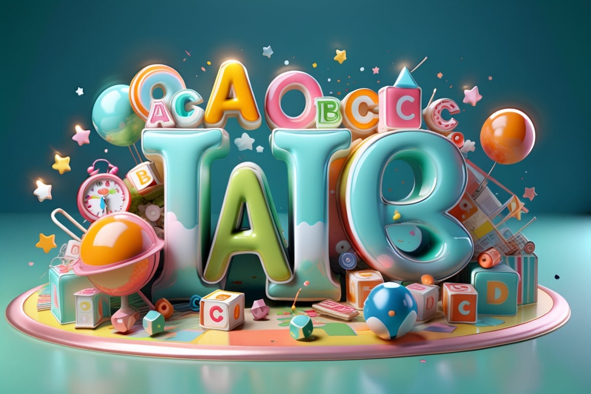 English Word "(((( A B C D )))", for kids cheerful, 3d, C4D, mixer, Octane rendering, (full Croma green background), Masterpieces in pastel colors, Hard material, Best Quality, super detaill, High Quality, 4k, 3D