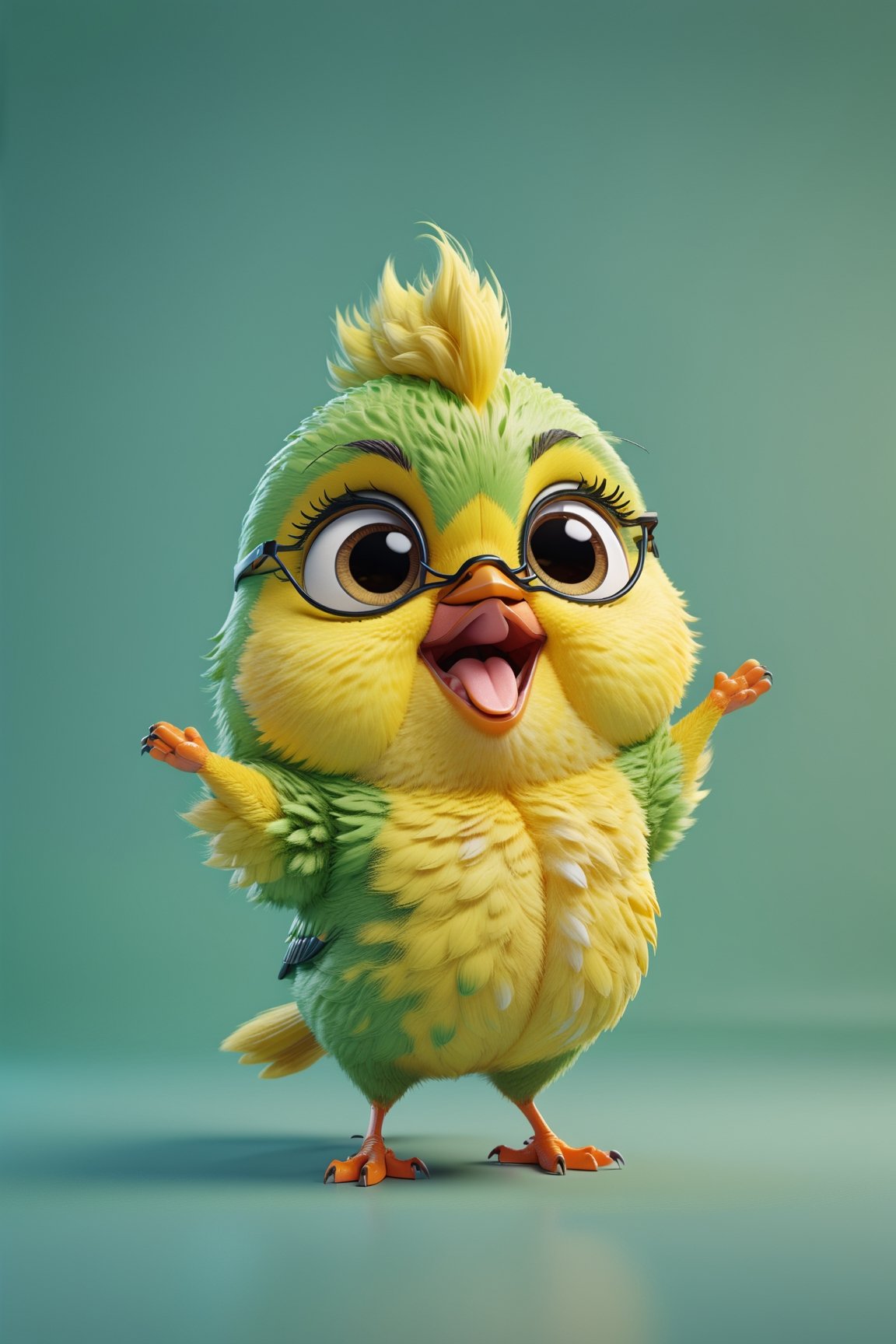Canary walking, both arms up to the shoulder level,cheerful, 3d, C4D, mixer, Octane rendering, (full Croma green background), Masterpieces in pastel colors, Soft material, Best Quality, super detaill, High Quality, 4k, (3d, cute, chibi style), ((perfect high detailed image)), full Croma green background, no ingredients in background only Croma green colour