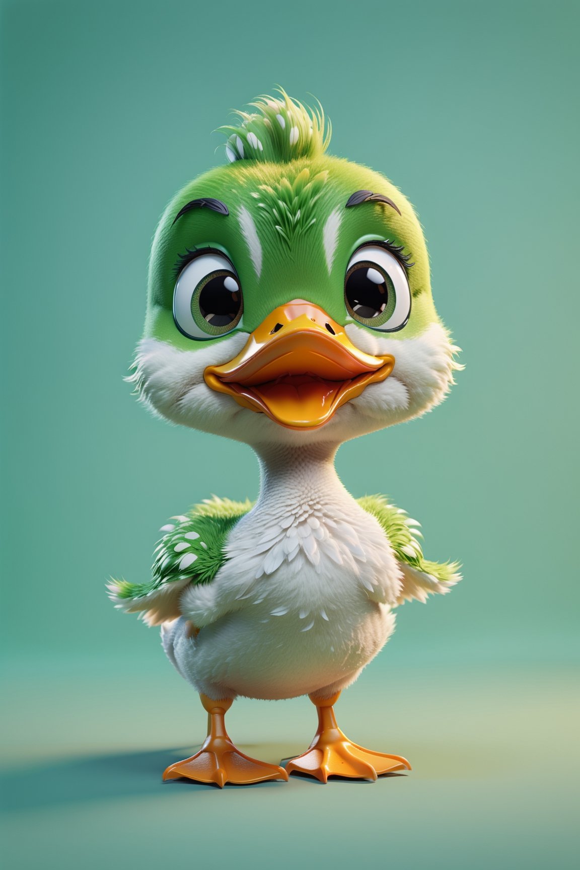 Duck walking, both arms up to the shoulder level,cheerful, 3d, C4D, mixer, Octane rendering, (full Croma green background), Masterpieces in pastel colors, Soft material, Best Quality, super detaill, High Quality, 4k, (3d, cute, chibi style), ((perfect high detailed image)), full Croma green background, no ingredients in background only Croma green colour