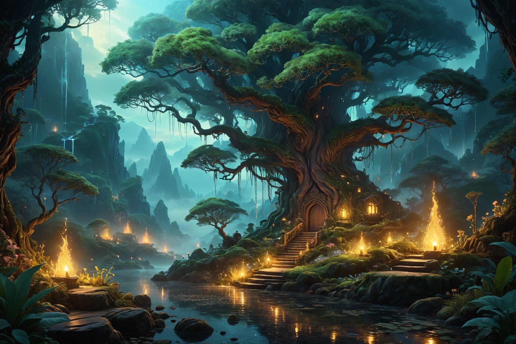 Stunning visual masterpiece, ultra detailed illustration painting of a bedazzling wild enviroment, concept art, subtle colors, fantastical realm, extremely detailed, ethereal, magical glow, ultra sharp focus, ethereal glowy smoke, light particles, attention to detail, grandeur and awe, cinematic, double exposure, long exposure, gardan for kids, 8k, photorealistic, strong outlines, dimly lit dark fantasy realm enviroment, rule of thirds depth of field intricate details, cinematographic scene,