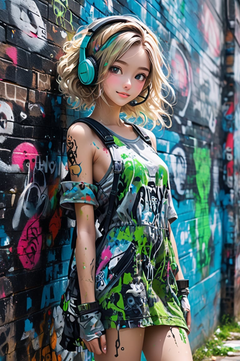 Lovely cute young attractive russian  girl, 18 years old, cute model, long blond_green short dress, good fit body 
Photorealistic:1.2,Hyperdetailed, solo, urban techwear outfit, (graffiti:1.5), paint splatter, arms behind back, against wall, looking at viewer, armband, thigh strap, paint on body, head tilt, bored, multicolored hair, aqua eyes, headset,urban techwear,high_res, 1girl, most beautiful korean girl, Korean beauty model, idol face, gorgeous girl, 18yo, over sized eyes, big eyes, smiling, looking at viewer,masterpiece