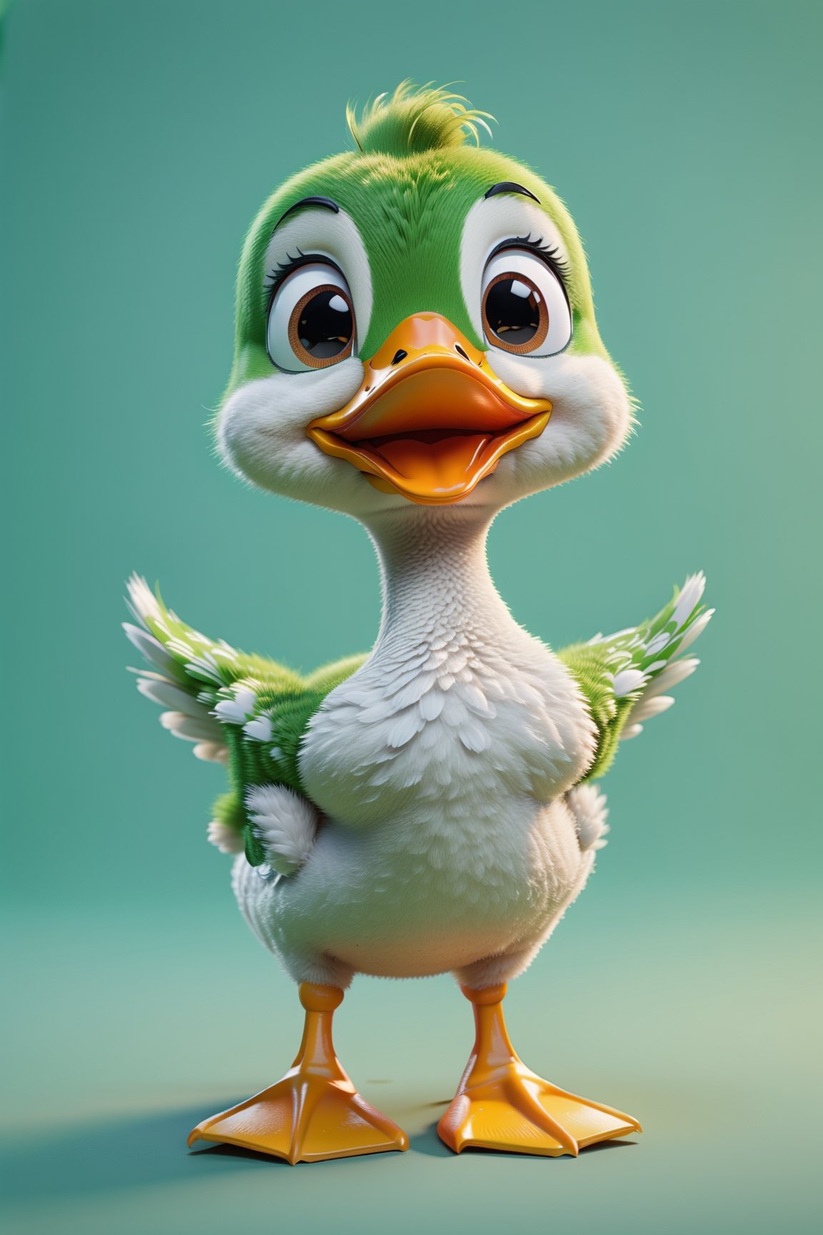 Duck walking, both arms up to the shoulder level,cheerful, 3d, C4D, mixer, Octane rendering, (full Croma green background), Masterpieces in pastel colors, Soft material, Best Quality, super detaill, High Quality, 4k, (3d, cute, chibi style), ((perfect high detailed image)), full Croma green background, no ingredients in background only Croma green colour