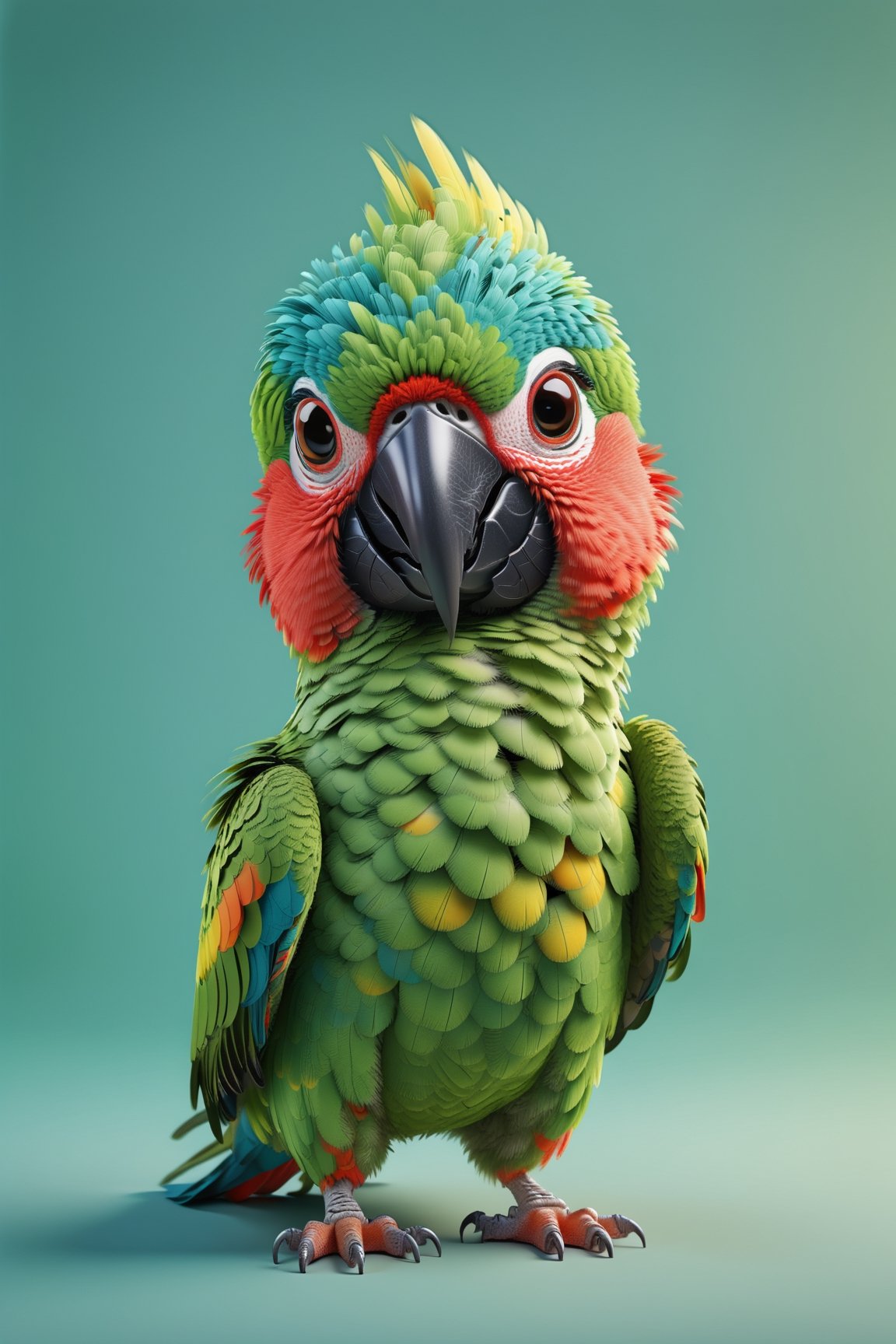 parrot walking, both arms up to the shoulder level,cheerful, 3d, C4D, mixer, Octane rendering, (full Croma green background), Masterpieces in pastel colors, Soft material, Best Quality, super detaill, High Quality, 4k, (3d, cute, chibi style), ((perfect high detailed image)), full Croma green background, no ingredients in background only Croma green colour