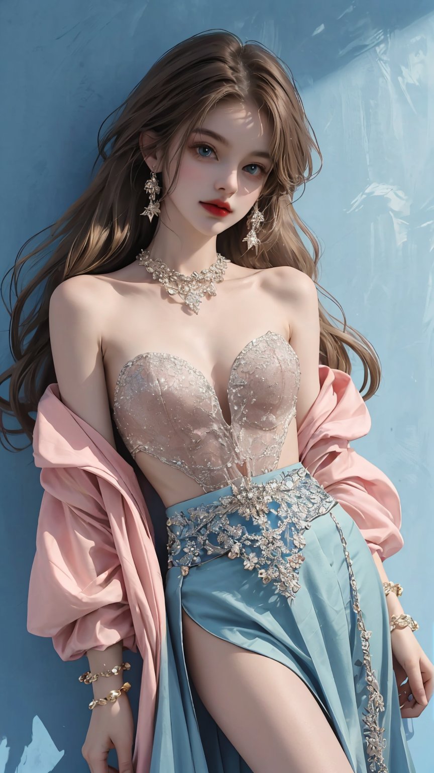 Create an image of an elegant strapless mermaid dress with a sweetheart neckline and details with intricate silver-white embroidery and beading on the bodice. The dress should have gathered layers of deep red fabric from mid-thigh to the floor, embellished with sparkling crystals or rhinestones. Place it on a((( textured blue background that contrasts beautifully with the colors of the dress.))) score_9, score_8_up, score_7_up, 1 girl, 44 yo scientist, standing, in botanical garden with tropical flowers, plants and butterlies, (open jacket over shoulders), thin transparent skirt, reading glasses, matte skin, blush, beautiful face, green eyes, brown hair, low twintails, tan lines, legs apart, white crop top, dutch angle, pink fingernails, sunlight, wind, , legs apart, small breast exposed, ((one small breast out)), (((skirt down))), (((light thin pubic hair exposed))) , expressiveHA very beautiful female model pro, wear tight chains on all of her whole body, gold chains, standing straight, pulling her hair with hands, screaming, at sunny valley with thick foggy surrounded her body, the chains spread out of ber body, busty cleavage, sharp, medium shot, tattoo on thighs "Chains", 