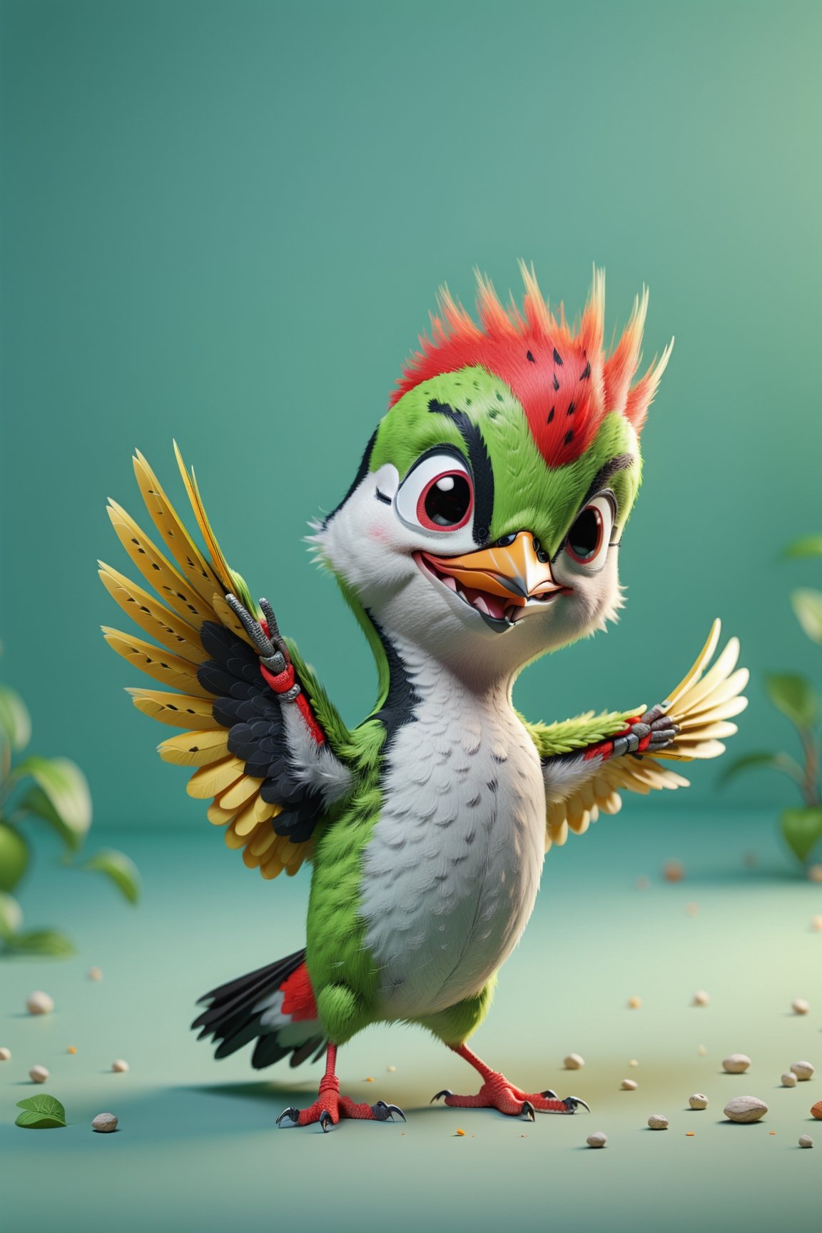 Woodpecker walking, both arms up to the shoulder level,cheerful, 3d, C4D, mixer, Octane rendering, (full Croma green background), Masterpieces in pastel colors, Soft material, Best Quality, super detaill, High Quality, 4k, (3d, cute, chibi style), ((perfect high detailed image)), full Croma green background, no ingredients in background only Croma green colour