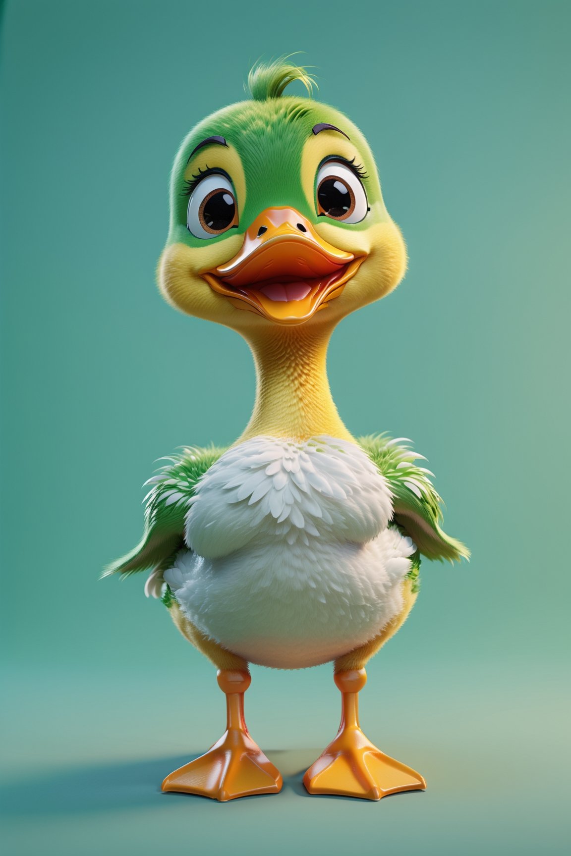 Duck walking, both arms up to the shoulder level,cheerful, 3d, C4D, mixer, Octane rendering, (full Croma green background), Masterpieces in pastel colors, Soft material, Best Quality, super detaill, High Quality, 4k, (3d, cute, chibi style), ((perfect high detailed image)), full Croma green background, no ingredients in background only Croma green colour