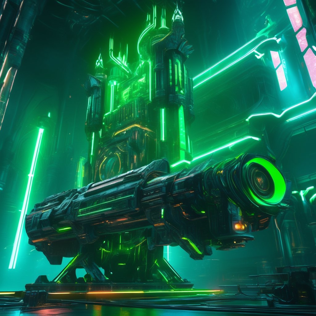 ((best quality)), ((masterpiece)), ((realistic,digital art)), (hyper detailed), An Cyberpunk Castle with green neon lights, Amber green, green details, green flag, cannons, like Final Fantasy, shadows , octane rendering, raytracing, volumetric lighting, Backlit,Rim Lighting, 8K, HDR, panoramic shot, drone shot