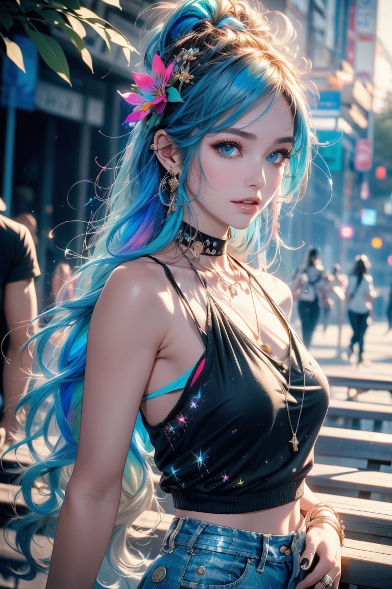 close up portrait of young woman with vibrant flowing aqua blue hair and mesmerizing eyes, wearing a black tank top and ragged shorts, in a serene garden filled with blooming flowers, a representation of beauty and sinful , lust charming, cute, beautiful, ultra detailed, dream like shot, 8k, sunset,((holographic))), (((rainbowish))), expressive, cinematic, dynamic sexy pose,midjourney, (full body shot)