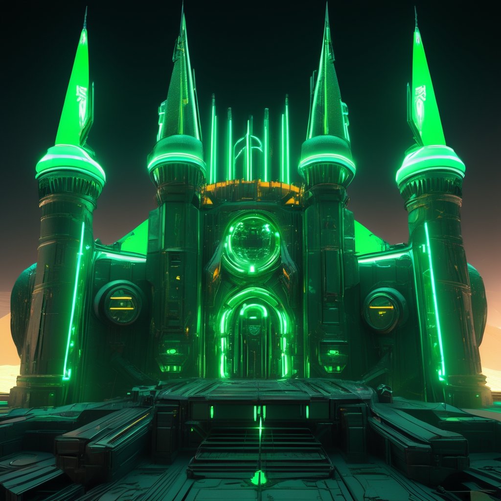 ((best quality)), ((masterpiece)), ((realistic,digital art)), (hyper detailed), An Cyberpunk Castle with green neon lights, Amber green, green colors, green flag, military kingdom, desert background, like Final Fantasy, shadows , octane rendering, raytracing, volumetric lighting, Backlit,Rim Lighting, 8K, HDR, panoramic shot, drone shot