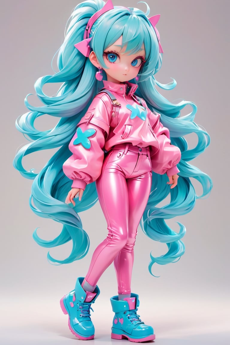 anime artwork pixar,3d style,toon,masterpiece,best quality,good shine,OC rendering,best quality,4K,super detail,1girl,((full body)),looking at viewer,standing,shiny_skin,fair_skin, pink leather trousers with a high waist and tapered leg, Aqua blue hair, blue eyes,gyaru,absolute_territory,tight,spandex,shoes,kneehighs,glamor,dormitory,light grey background,clean background,straight_hair,hime cut, . anime style, key visual, vibrant, studio anime,  highly detailed