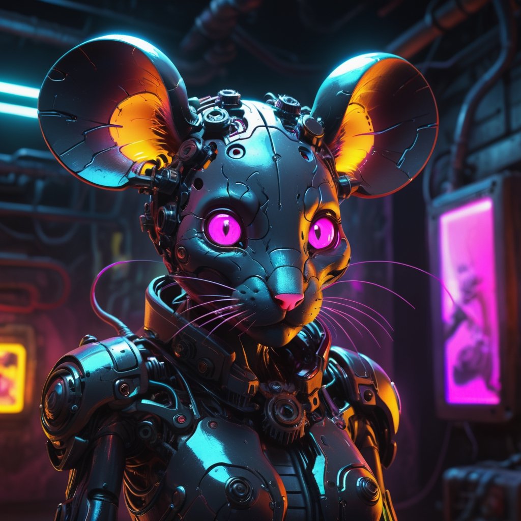 A mutant mouse girl, creepy, neon ambiance, abstract black oil, gear mecha, detailed acrylic, grunge, intricate complexity, rendered in unreal engine, photorealistic