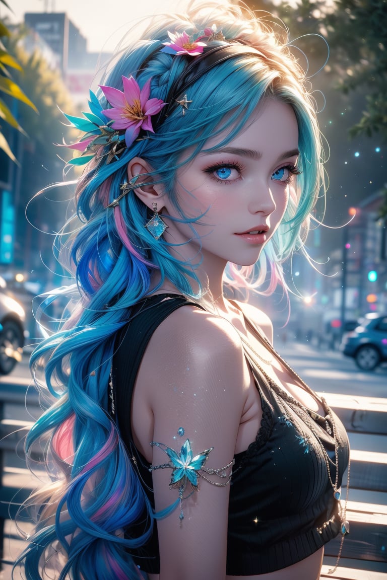 close up portrait of young woman with vibrant flowing aqua blue hair and mesmerizing eyes, wearing a black tank top and ragged shorts, in a serene garden filled with blooming flowers, a representation of beauty and sinful , lust charming, cute, beautiful, ultra detailed, dream like shot, 8k, sunset,((holographic))), (((rainbowish))), expressive, cinematic, dynamic sexy pose,midjourney, full body shot