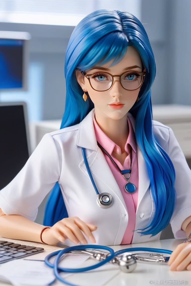 (best quality:1.15), (masterpiece:1.15), (detailed:1.15), (Dutch angle:1.3), (ActionFigureQuiron style), An Action Figure, by hot toys, Anime Action Figure, 1girl, half body shot, toy, character print, doll, ,indoors, a wonderful, friendly medic doctor woman with long blue ponytail hair sitting in an office chair behind a desk, (((blue hair))),(wearing white doctor's clothes), (white doctor's shirt with open buttons), star earrings and a pink flower on her head, a pink top inside, a gold necklace with a star, wearing pink glasses, a doctor's office, a table with a computer notebook, a stethoscope on her neck, wearing glasses, an all-white room., looking at viewer,((shirt tug, over-sized white shirt with shoulders showing, necklace)), (22 years old woman), gorgeous, goddess,cute, smilling, long blue flowing hair glamour, (blue eyes, beautiful eyes), beautiful face, perfect illumination, (beautiful detailed eyes), looking at viewer, stunningly beautiful woman, detailed hairstyle,  good hands,  detailed hands,cyborg style