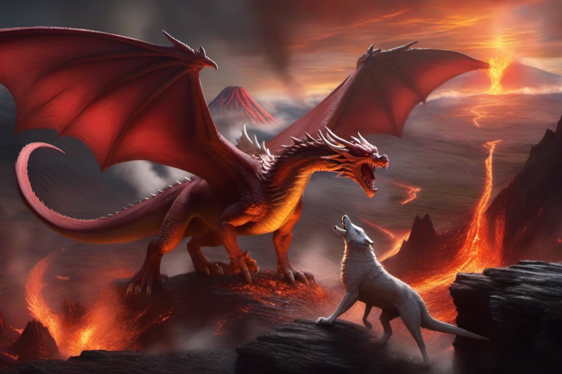 a large and aggressive red dragon fighting a wolf that is light brown with white and is in a position to attack the dragon in a valley full of volcanoes and lava.