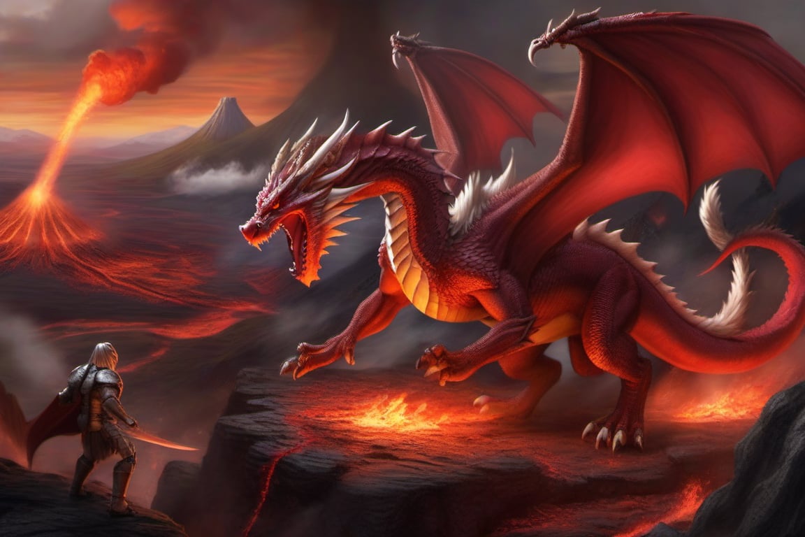 a large and aggressive red dragon fighting against a light brown and white wolf in defense position in a valley full of volcanoes and lava.