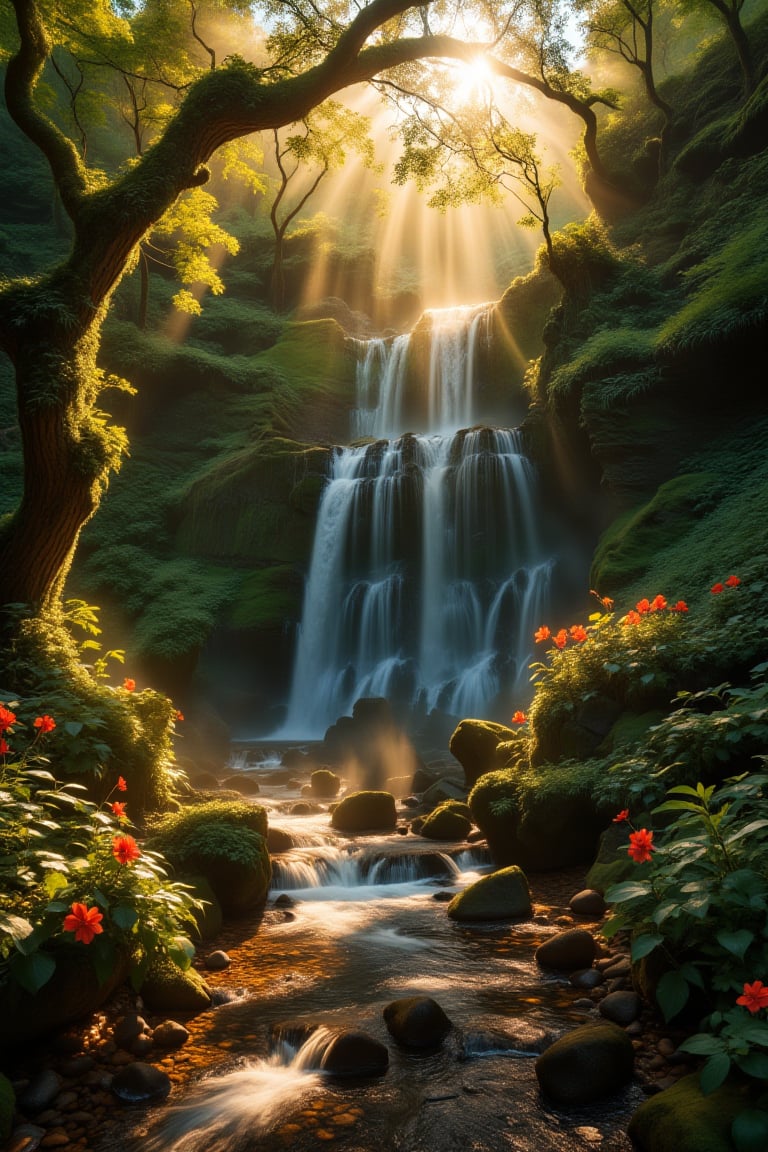 A serene sunset scene: a majestic waterfall cascades down a rocky slope, surrounded by lush greenery and vibrant flowers. Soft golden light illuminates the misty veil rising from the water's edge, casting a warm glow on the tranquil forest floor. The camera pans across the natural wonder, capturing the gentle dance of sunlight and shadows as day yields to night.