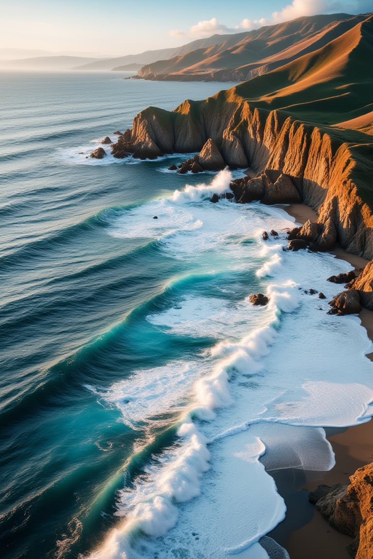 The waves on the coast crash against the towering walls of the hills, their relentless energy echoing through the rugged landscape. In this breathtaking photograph, the waves appear as solid walls of frothy white, contrasting beautifully with the solid earth tones of the hills. The dynamic motion of the waves captivates the viewer, evoking a sense of awe at the power of nature. Each detail is rendered with exquisite precision, showcasing the photographers mastery of light and composition. This stunning image perfectly captures the raw beauty and untamed force of the coastal landscape.