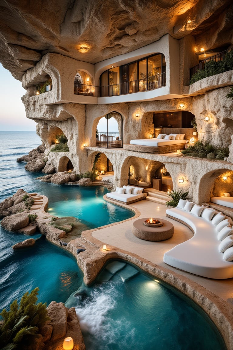 Design a luxurious seaside cave retreat carved into rocky cliffs overlooking a tranquil ocean. The interior features natural stone walls and archways, seamlessly blending with the caves organic structure. Plush, curved seating areas with soft white cushions and woven straw accents are arranged around a small natural pool that connects to the ocean. An upper level balcony overlooks the space, adding to the cozy yet elegant atmosphere. Sunlight filters through openings, casting a warm, inviting glow on the textured walls, while waves gently lap at the entrance, creating a serene and magical coastal sanctuary.,nature