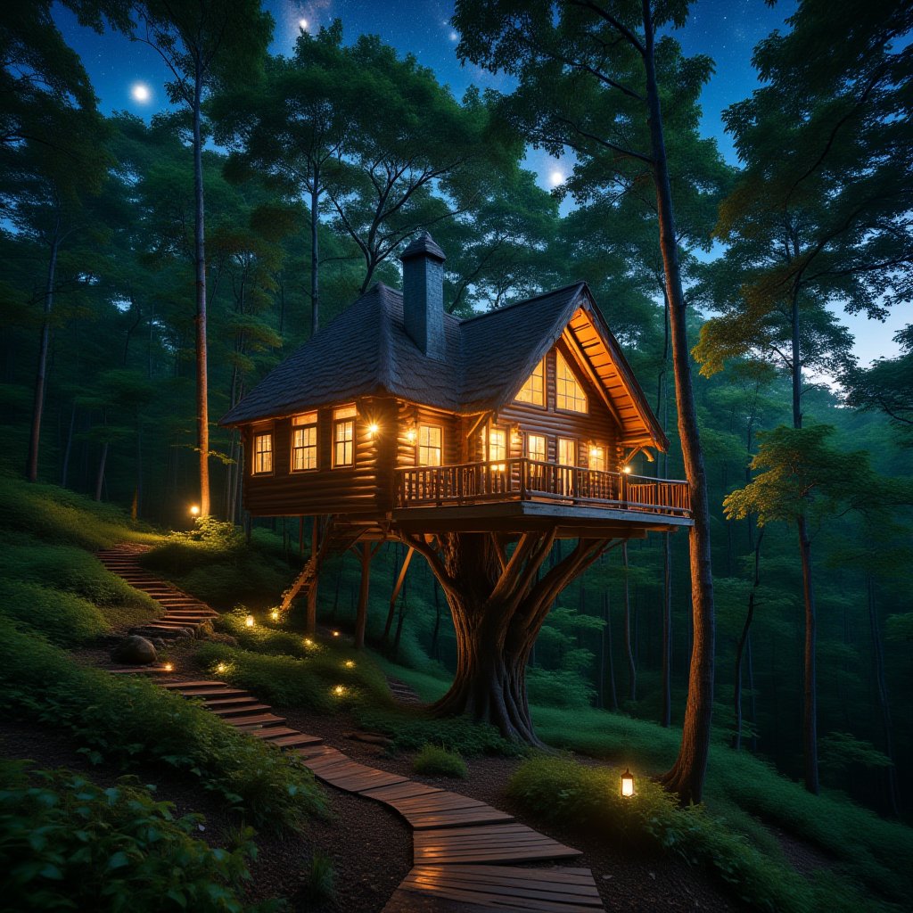 there is a tree house built on a tree, peaceful wooden house, house in the forest, beautiful house on a forest path, house in the forest, located in the forest, bonsai tree house, house in the forest, witchs hut in the forest, pine tree house. Starry sky background, high quality camera, masterpiece, professional photographer, realistic photo, sharp, detailed, ultra-high definition, crisp clarity, vivid colors, soft light, accurate shadows, luminous ambiance, photorealistic, with intricate textures and nuanced reflections.