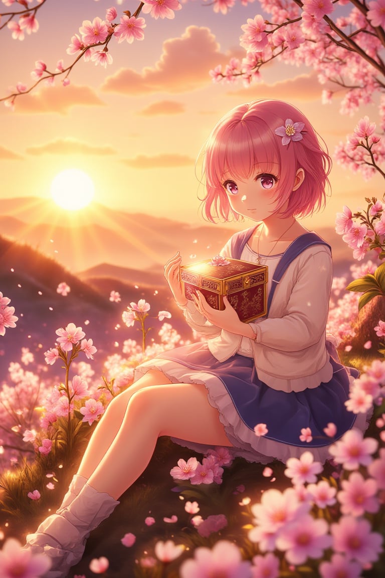 A serene anime scene: On a sun-kissed hillside, a young girl with vibrant pink locks sits cross-legged amidst a tapestry of blooming cherry blossoms, basking in the soft, warm glow of sunset. Her introspective gaze is lost in thought as she cradles an ornate box, its delicate features illuminated by the golden light.