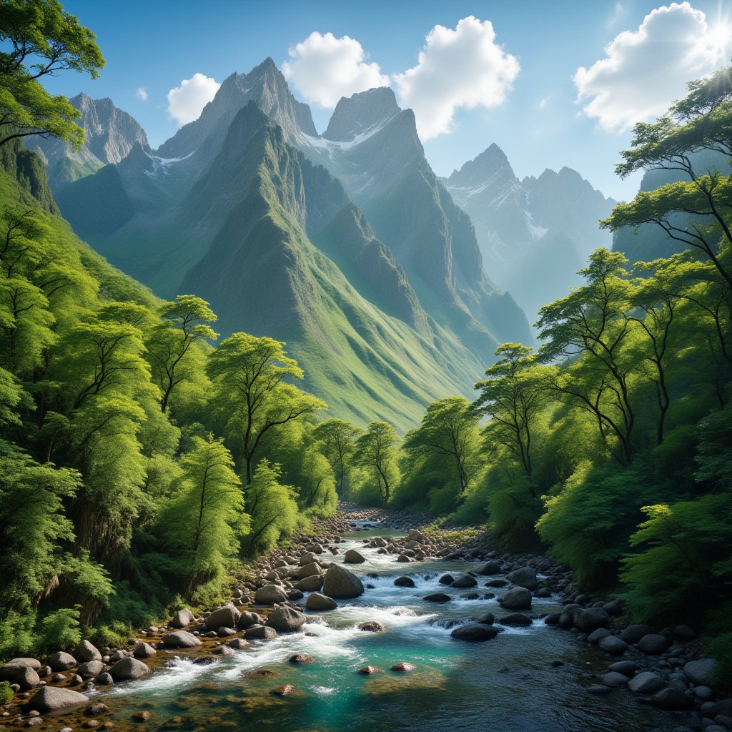 Capture a breathtaking 4K masterpiece of a majestic natural mountain scenery, where rugged high mountain peaks touch the sky, surrounded by a serene rocky river and lush green trees, photographed with a high-quality camera to accentuate realistic, detailed, and sharp textures, emphasizing the grandeur of the landscape with precise lighting and atmospheric effects.