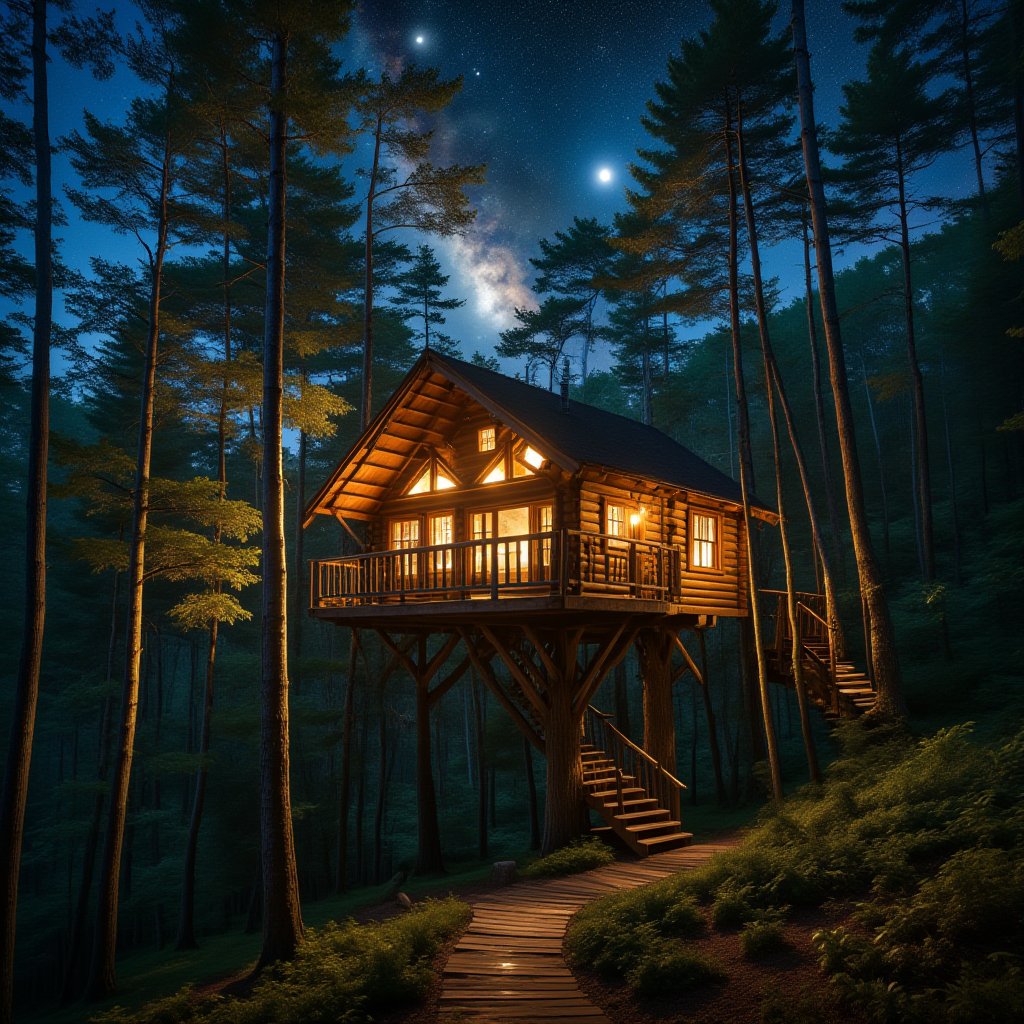 there is a tree house built on a tree, peaceful wooden house, house in the forest, beautiful house on a forest path, house in the forest, located in the forest, bonsai tree house, house in the forest, witchs hut in the forest, pine tree house. Starry sky background, high quality camera, masterpiece, professional photographer, realistic photo, sharp, detailed, ultra-high definition, crisp clarity, vivid colors, soft light, accurate shadows, luminous ambiance, photorealistic, with intricate textures and nuanced reflections.