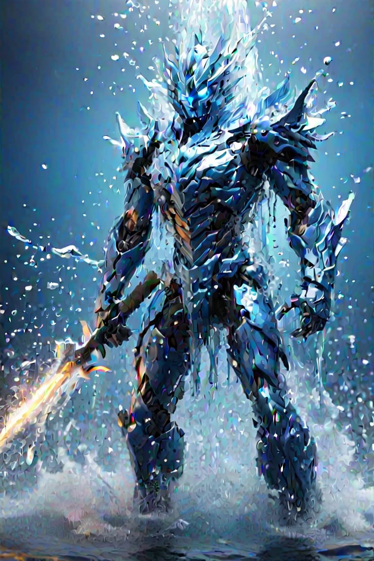 (masterpiece, best quality, ultra-detailed:1.2),  water god hit down a hammer to a mecha, fantasy,  high detailed, 8k
,action shot,shards, metallic armor, masterpiece, ultra realistic metallic, ultra reality effect of water