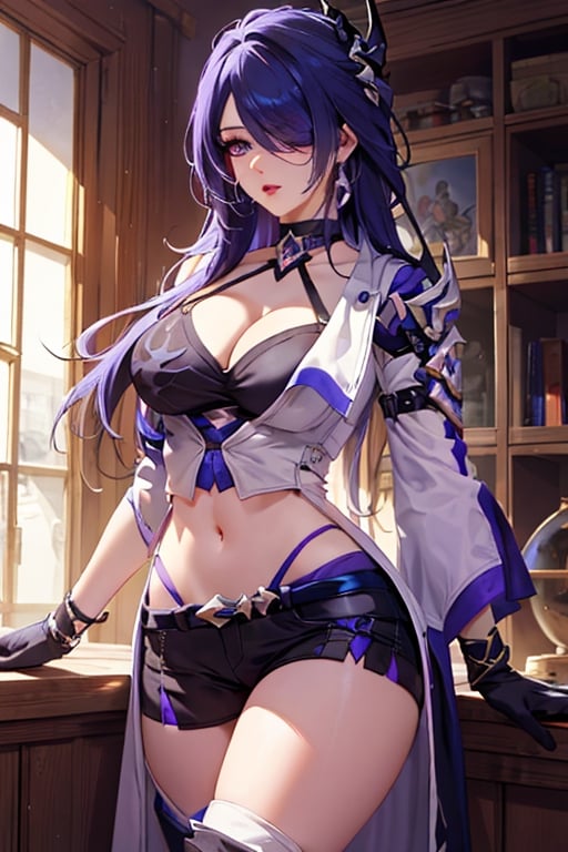 (masterpiece:1.2), best quality, high resolution, unity 8k wallpaper, perfect lighting, extremely detailed CG, (perfect hands, perfect anatomy), Cute, beautiful, charming lady, shiny hair, lustrous skin, milf, married woman, soft With a gentle appearance and a gentle mother-like atmosphere,, acheron_a, long hair, purple hair, bangs, hair over one eye, purple eyes, large breasts, cleavage, hair ornament, earrings, jacket, asymmetrical sleeve, gloves,sexy navel, black shorts, boots, single thighhigh boot, asymmetrical footwear,, , purple  eyes, one eye covered by hair,shine eyes01,acheronhsr