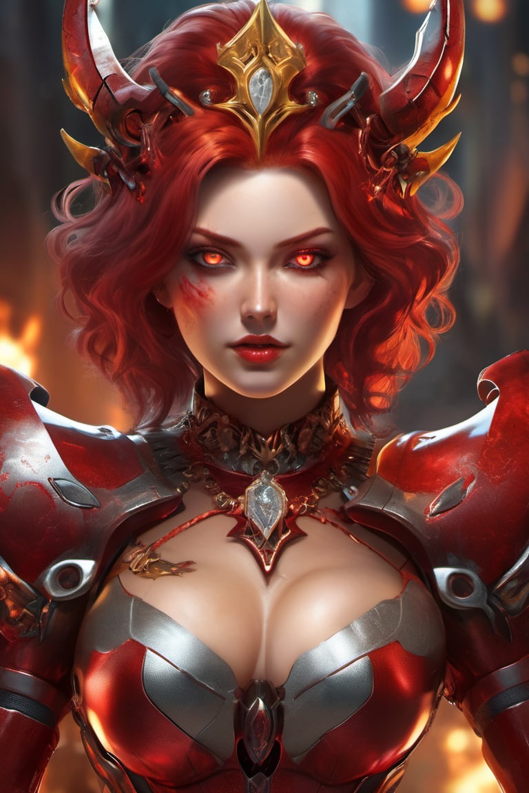 (8k, realistic, ultra resolution, ultra quality, ultra-precise details, ultra clear details, ultra face quality, ultra quality eyes,ultra-quality machine, full body photo, whole body) (Mechanic World, bright, sinister) (Female, queen, red crown, royal, demons, cyborg, red armor, beautiful, gorgeous, curvy, fit, red_skin, red hair, metal claws, blood_on_face
, short hair, evil eyes, big glowing red eyes, angry face, bloodthirsty , xxmix_girl