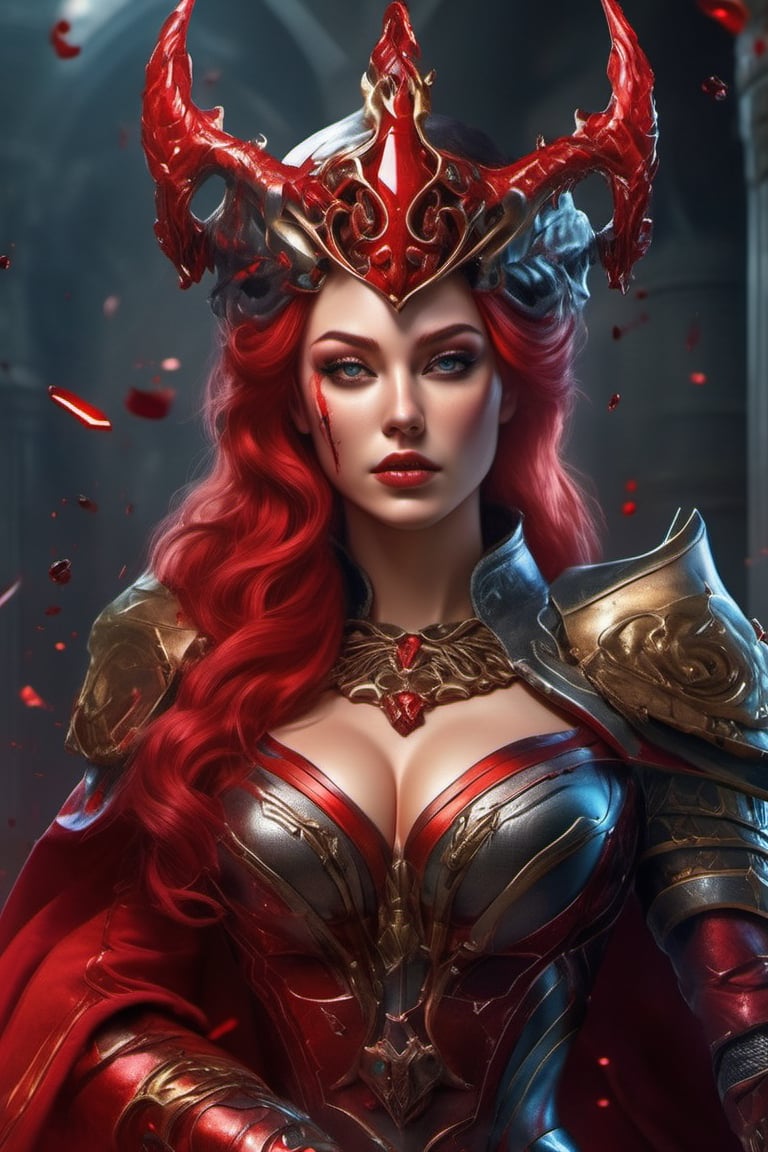 Craft an ultra-realistic 8K image of a royal demon queen in a bright yet sinister mechanic world. She wears red sophisticated armor, a majestic crown, and a flowing cloak. Her red skin, red hair, and big glowing red eyes exude power. She's curvy, fit, with metal claws and blood on her face. The backdrop should showcase both technological brilliance and darkness. Convey her evil, bloodthirsty nature through her expression and stance. This image should capture her beauty, strength, and dominance, xxmix_girl