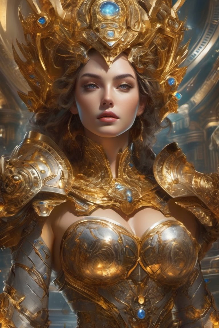 Create an astonishing 8K resolution image with unrivaled quality that encapsulates the essence of a commanding and celestial cyborg queen in her 20s. She is a harmonious amalgamation of ethereal grace and mechanical might, a symbol of power and dominion that rules over a world of intricate machinery and brilliance.

Every minute detail must be rendered with the utmost precision, capturing the viewer's attention in an instant. Her resplendent face should possess a level of clarity that reveals the subtlest nuances, with eyes that exhibit both remarkable depth and intricacy. Her mouth, with all its expressions and contours, should exude lifelike realism.

Craft an opulent visual masterpiece of her entire body, effortlessly showcasing her elegant form and imposing presence. Let her embodiment be a testament to her royal stature and military prowess. She is not just an angelic queen; she is also a warrior, leading her golden-armored army with an iron fist and a heart of gold.

Set her against the backdrop of a brilliant, mechanized world, where sunlight glints off the intricate gears and cogs that make up her kingdom. The luminous environment should highlight her regal visage, enhancing her ethereal charm and fierce determination.

Her golden, sophisticated armor should be a sight to behold – each segment meticulously designed to both protect and adorn. A spectacular crown, resplendent with precious gems and intricate engravings, sits atop her head, symbolizing her divine dominion over her realm. The armor and crown should be so polished that they seem to glow, their shine reflecting the strength of her character.

Her hair, cascading like molten gold, must be rendered with meticulous care, each strand defined to perfection. The aggression in her stance and the fire in her eyes should reflect her unyielding spirit and her readiness for battle. The interplay of her anger and her beauty should be palpable, creating a captivating juxtaposition.