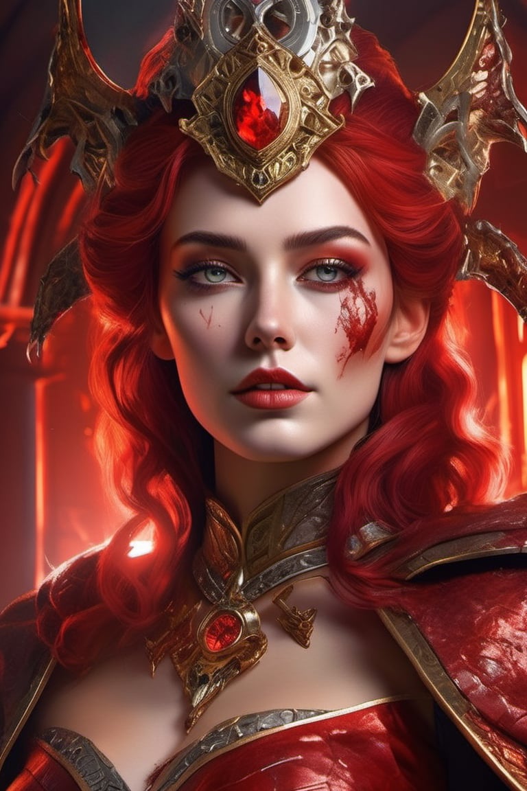 Craft an 8K ultra-resolution portrait of a female royal demon queen in a mechanic world. She wears red, sophisticated armor with a flowing cloak and a mechanic crown. Her red skin, red hair, and big, glowing red eyes radiate an aura of beauty and power. Show intricate details, including metal claws and dried blood on her face. The backdrop should be a mix of bright lights and sinister undertones, capturing her blend of elegance and bloodthirstiness, xxmix_girl