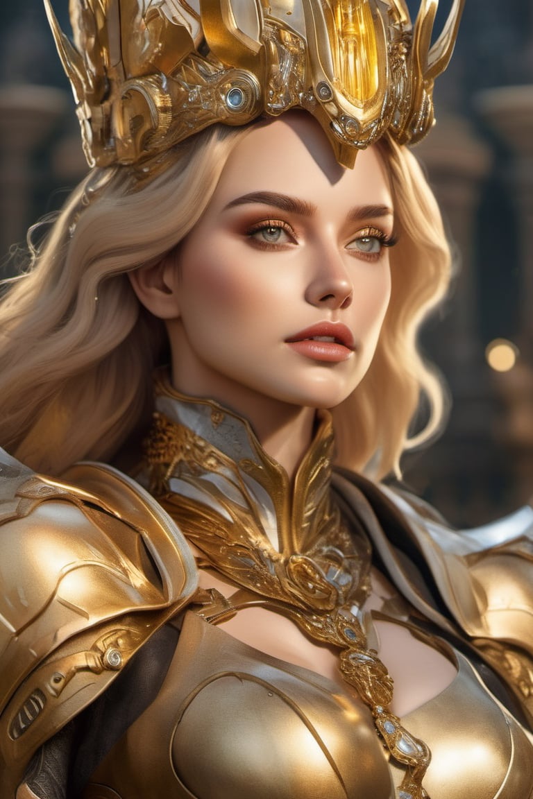 Create an astonishing 8K resolution image with unrivaled quality that encapsulates the essence of a commanding and celestial cyborg queen in her 20s. She is a harmonious amalgamation of ethereal grace and mechanical might, a symbol of power and dominion that rules over a world of intricate machinery and brilliance.

Every minute detail must be rendered with the utmost precision, capturing the viewer's attention in an instant. Her resplendent face should possess a level of clarity that reveals the subtlest nuances, with eyes that exhibit both remarkable depth and intricacy. Her mouth, with all its expressions and contours, should exude lifelike realism.

Craft an opulent visual masterpiece of her entire body, effortlessly showcasing her elegant form and imposing presence. Let her embodiment be a testament to her royal stature and military prowess. She is not just an angelic queen; she is also a warrior, leading her golden-armored army with an iron fist and a heart of gold.

Set her against the backdrop of a brilliant, mechanized world, where sunlight glints off the intricate gears and cogs that make up her kingdom. The luminous environment should highlight her regal visage, enhancing her ethereal charm and fierce determination.

Her golden, sophisticated armor should be a sight to behold – each segment meticulously designed to both protect and adorn. A spectacular crown, resplendent with precious gems and intricate engravings, sits atop her head, symbolizing her divine dominion over her realm. The armor and crown should be so polished that they seem to glow, their shine reflecting the strength of her character.

Her hair, cascading like molten gold, must be rendered with meticulous care, each strand defined to perfection. The aggression in her stance and the fire in her eyes should reflect her unyielding spirit and her readiness for battle. The interplay of her anger and her beauty should be palpable, creating a captivating juxtaposition.