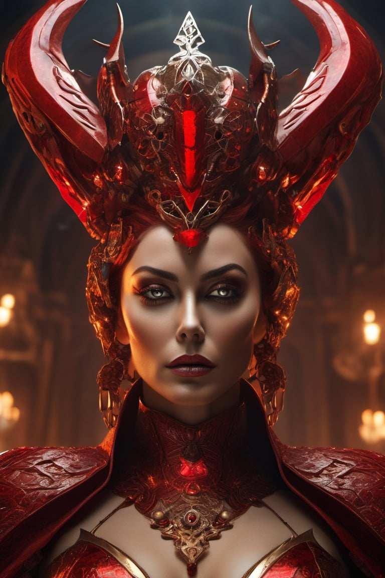 Create an astonishingly realistic and ultra-high-resolution depiction of a royal demon queen in the midst of a mechanic world. The image should exude an aura of both regal elegance and sinister power, transporting the viewer to a realm where technology meets the supernatural.

The details must be ultra-precise and impeccably clear, capturing the essence of every element. Her face, a masterpiece of ultra-quality craftsmanship, embodies her dual nature. The intricate patterns of her red mechanic majestic crown should shine forth, an emblem of her dominion over both demons and machines. Her big, glowing red eyes should possess an otherworldly intensity, hinting at the formidable power she wields.

Render her body in exquisite ultra resolution, showcasing the fusion of her demon heritage and cybernetic enhancements. Clad in a sophisticated red armor adorned with intricate mechanical motifs, she wears a flowing cloak that adds an air of mystique to her presence. Her form is a testament to her beauty and strength, with curves that emphasize both her allure and her physical prowess.

Her red skin and hair, each strand meticulously detailed, evoke a sense of otherworldly grandeur. Metal claws extend from her fingers, their textures reflecting both elegance and lethality. Hints of dried blood on her face and body hint at her unyielding thirst for power and dominance.

Her short hair frames her face with a touch of defiance, and her evil eyes burn with a furious intensity. She wears an expression of controlled anger, a reflection of her bloodthirsty nature and unwavering determination.

The backdrop should convey the mechanic world's brilliance, with bright lights and intricate machinery creating an atmosphere of awe and wonder. Yet, there should also be an underlying sense of darkness, hinting at the queen's malevolent influence.

This portrait transcends mere imagery; it's a testament to the interplay between darkness and splendor, dominance and allure. The combination of her demon heritage and technological prowess should be executed with unparalleled creativity, leaving viewers captivated by her commanding presence, xxmix_girl, gh3a, Movie Still