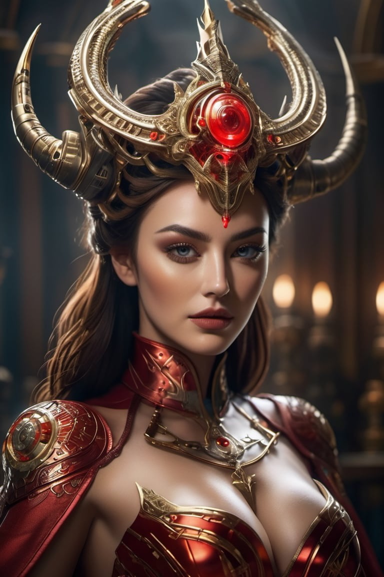 Create an astonishingly realistic and ultra-high-resolution depiction of a royal demon queen in the midst of a mechanic world. The image should exude an aura of both regal elegance and sinister power, transporting the viewer to a realm where technology meets the supernatural.

The details must be ultra-precise and impeccably clear, capturing the essence of every element. Her face, a masterpiece of ultra-quality craftsmanship, embodies her dual nature. The intricate patterns of her red mechanic majestic crown should shine forth, an emblem of her dominion over both demons and machines. Her big, glowing red eyes should possess an otherworldly intensity, hinting at the formidable power she wields.

Render her body in exquisite ultra resolution, showcasing the fusion of her demon heritage and cybernetic enhancements. Clad in a sophisticated red armor adorned with intricate mechanical motifs, she wears a flowing cloak that adds an air of mystique to her presence. Her form is a testament to her beauty and strength, with curves that emphasize both her allure and her physical prowess.

Her red skin and hair, each strand meticulously detailed, evoke a sense of otherworldly grandeur. Metal claws extend from her fingers, their textures reflecting both elegance and lethality. Hints of dried blood on her face and body hint at her unyielding thirst for power and dominance.

Her short hair frames her face with a touch of defiance, and her evil eyes burn with a furious intensity. She wears an expression of controlled anger, a reflection of her bloodthirsty nature and unwavering determination.

The backdrop should convey the mechanic world's brilliance, with bright lights and intricate machinery creating an atmosphere of awe and wonder. Yet, there should also be an underlying sense of darkness, hinting at the queen's malevolent influence.

This portrait transcends mere imagery; it's a testament to the interplay between darkness and splendor, dominance and allure. The combination of her demon heritage and technological prowess should be executed with unparalleled creativity, leaving viewers captivated by her commanding presence, xxmix_girl, gh3a, Movie Still,LinkGirl