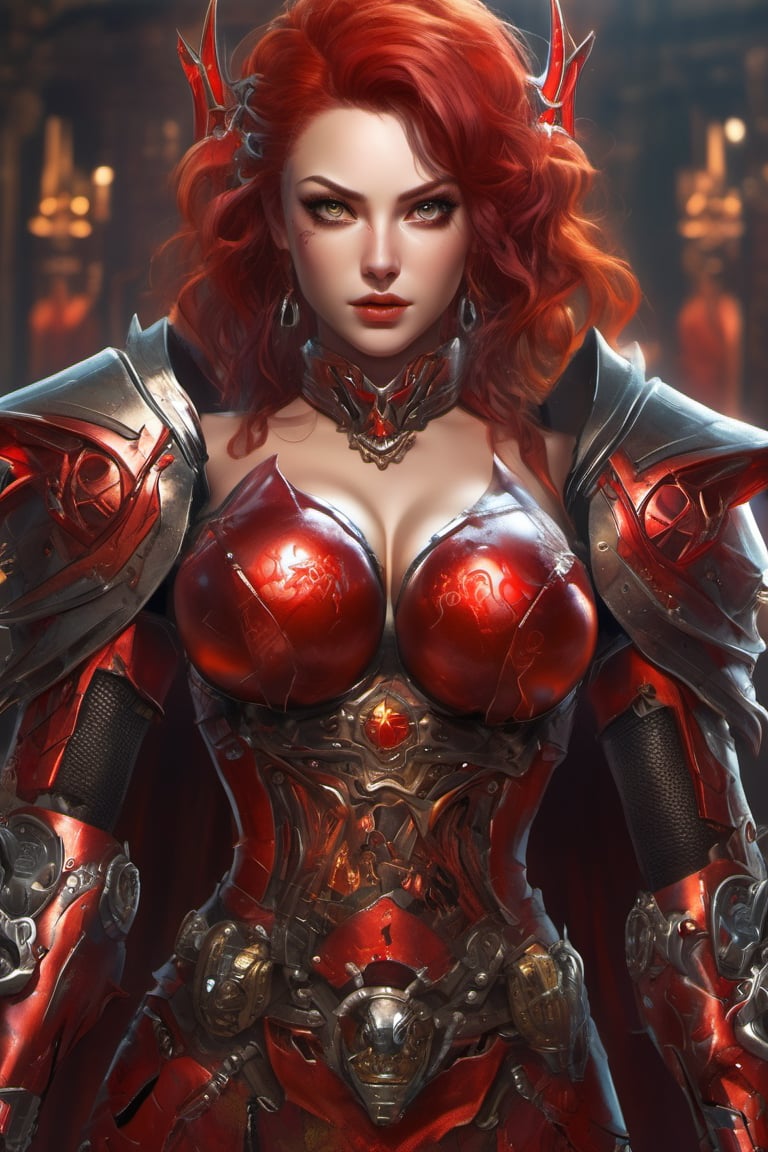 (8k , realistic, ultra resolution, ultra quality, ultra-precise details, ultra clear details, ultra face quality, ultra quality eyes,ultra-quality machine, full body photo, whole body) (Mechanic World, bright, sinister) (Female, queen, red crown, royal, demons, cyborg, red armor, beautiful, gorgeous, curvy, fit, red_skin, red hair, metal claws, blood_on_face
, short hair, evil eyes, big glowing red eyes, angry face, bloodthirsty , xxmix_girl