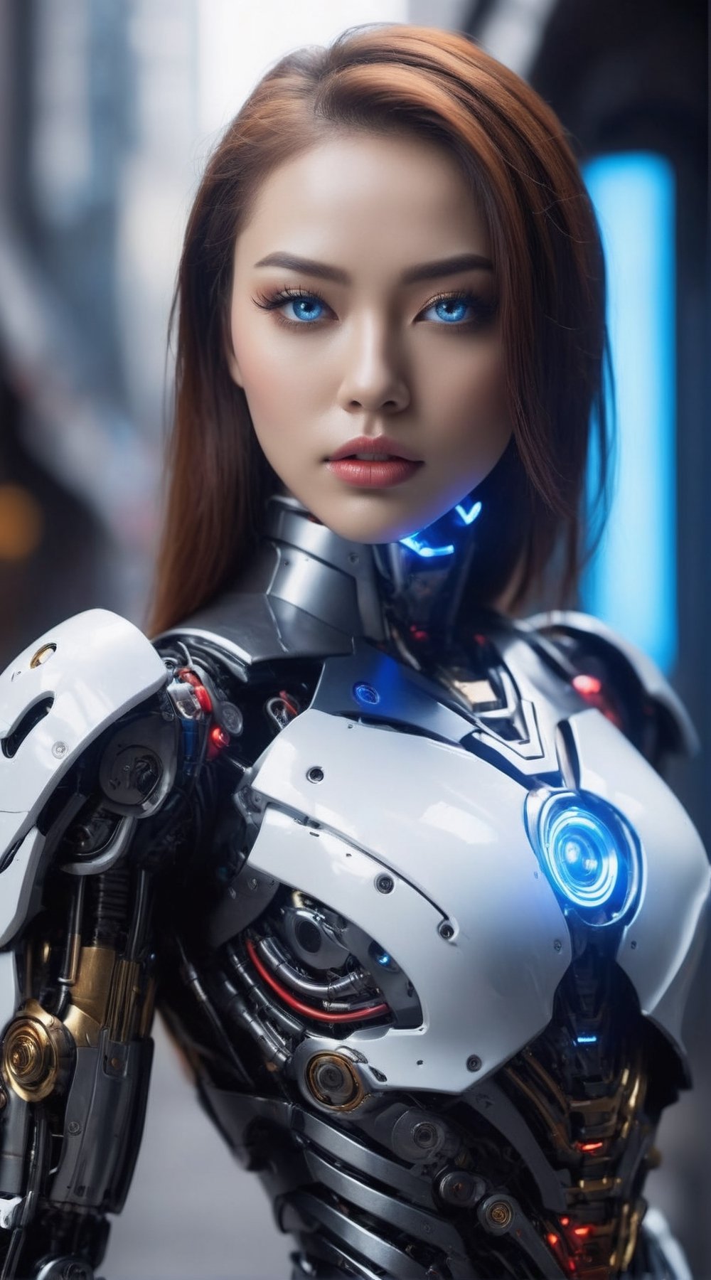 Best quality, masterpiece, ultra high res, (photorealistic:1.37), raw photo, (85mm lens shots:1.37), (front angle shots:1.38), (full body shots:1.38), (1girl:1.38), (hi-tech mechanical make face with blue neon light eyes:1.35), futuristic female cyborg with a tincture for her nose wearing a metral mask, white metallic body, hi-tech biometric glowing, (black and white metallic color otherwoeldly features and cutting-edge technology:1.35), teats、cyberpunked、Ultra-shiny ultra-hard Transformers cyborg body、((neon light translucent from join:1.34)), (Storing weapons in the body:1.33)、black and red ratio ratio、face perfect, cleavage showing Superhero costume with intricate details, sensual pose, dynamic lighting, in the dark, deep shadow, low key, Tied waist、Colossal tits、(Ultra-shiny black and white colored titanium cyborg body covering the body:1.5)、((machine made joints:1.33)), ((machanical limbs)), ((mechanical cervial attaching to neck)), (wires and cables attaching to neck:1.33), (wires and cables on head:1.33), (character focus), science fiction, extreme detailed, highest detailed, perfect foot、perfect hand、Clean facial skin, A futuristic, depth of fields, reflective light, retinas, , awardwinning, hight resolution, cinematic image, (dynamic lighting to body:1.35), battelfield background, \, Movie Still, cyborg style, IMGFIX, cyborg, detailmaster2,DonMCyb3rN3cr0XL ,cyberpunk style