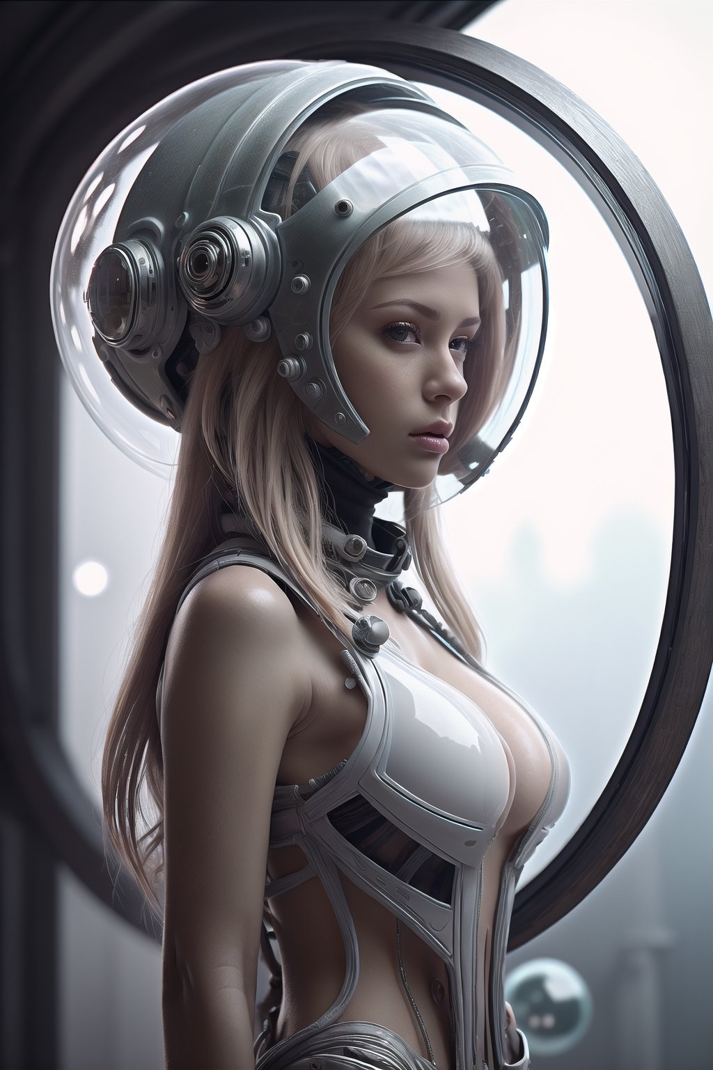 (detailed beautiful eyes and detailed face, masterpiece side light, masterpiece, best quality, detailed, high resolution illustration), (1female alien fighter), beautiful girl, (blond hair), (small breast:1.36), (big nipple:1.38), transparent protective suit, (transparent glass ball shape breast protection:1.36),  (protective head gear with glass mask:1.36), herringbone, wet hair, (weapon), neo-alien_nomad,High detailed ,rndmln, heavy fog environment background, battleflied, full_body,girl, (front angle shots:1.36), (looking to viewer), hourglass_figure, ,solid snake, 85mm lens shots, 