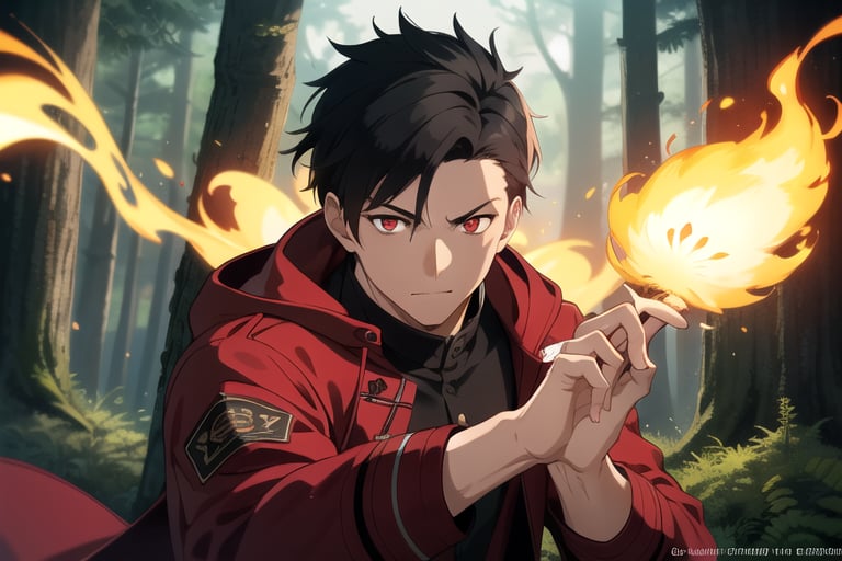 a guy with black hair,red coat with adventure guild logo,glowing red eye,red eye,fire magic imbued on his hand,middle of forest